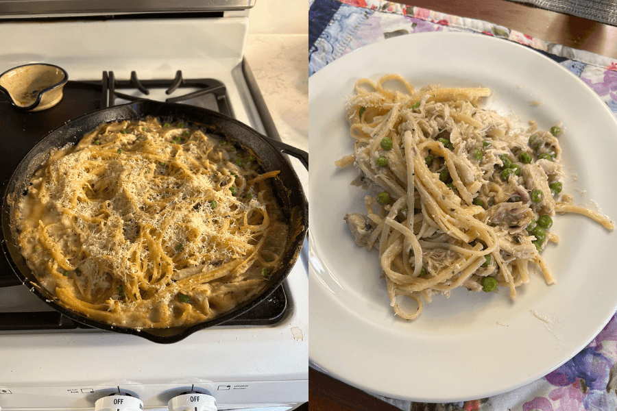 Side-by-side images showing a creamy tuna noodle casserole in a cast iron skillet on a stovetop, and a serving of the casserole plated on a white dish. The pasta is coated in a rich sauce with shredded tuna, green peas, and grated cheese.