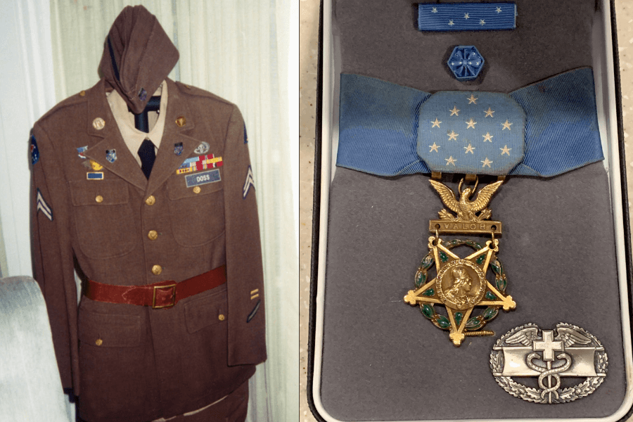 Side-by-side images show Desmond Doss’s preserved World War II Army uniform on the left, complete with service ribbons, a “DOSS” nameplate, and corporal chevrons. On the right, a Medal of Honor set is displayed in a case, featuring the star-shaped gold medal with a blue ribbon and accompanying badges, including a Combat Medic Badge.