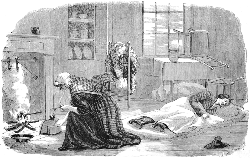 A black-and-white illustration of a woman tending to a small fire on the floor, preparing a hot drink with a kettle and spoon. Nearby, a man lies on a blanket on the floor, covered up and appearing ill, while a chair is propped oddly on top of a table in the background.